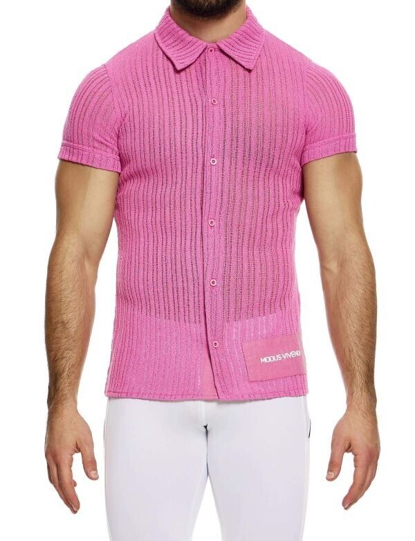 MODUS VIVENDI Striped Crochet Shirt Knitted Muscle Fit Chemise Pink 07441 B902