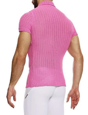 MODUS VIVENDI Striped Crochet Shirt Knitted Muscle Fit Chemise Pink 07441 B903
