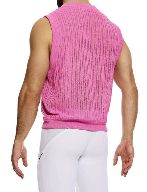 Modus Vivendi Striped Crochet Sleeveless Vest Knitted Tank Top Pink 07431 B1012