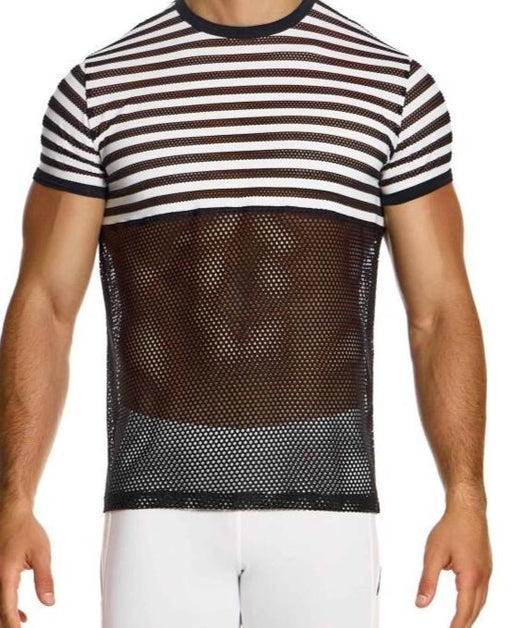 Modus Vivendi T-Shirt Striped Through Jacquard Fishnet Shirts Black/White 014412