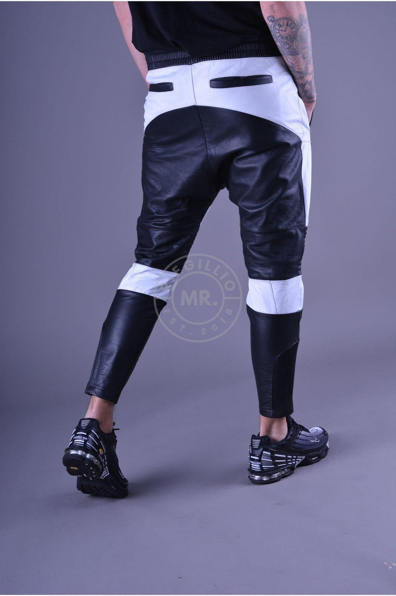 MR. RIEGILLIO 100% Leather Jogger Low-Cross Drawstring Black & White