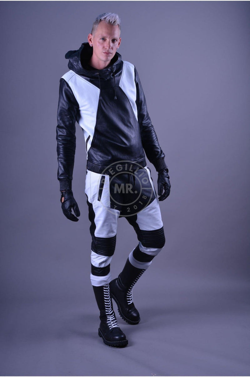 MR. RIEGILLIO 100% Leather Jogger Low-Cross Drawstring Black & White