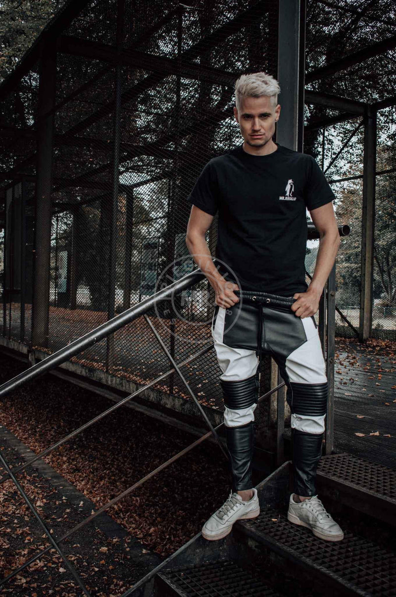 MR. RIEGILLIO 100% Leather Jogger Low-Cross Drawstring Black & White