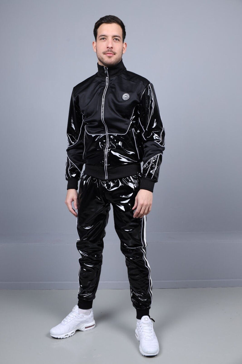 MR. RIEGILLIO PVC Tracksuit Pants 24 Shiny Black With White Piping R10445