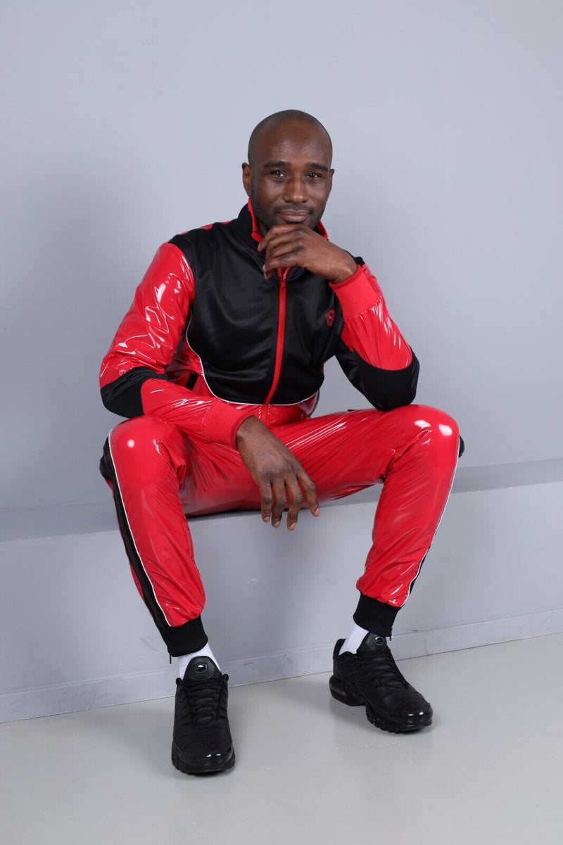MR. RIEGILLIO Shiny PVC 24 Tracksuit Pants Glossy Red R10168