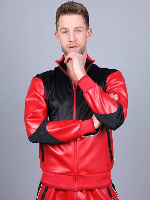 MR. RIEGILLIO Vegan Leather Jacket 24 Tracksuit Crew Collar Red R10271