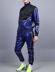 MR. RIEGILLIO Vegan Leather Jacket Tracksuit 24 Crew Collar in Blue R10393