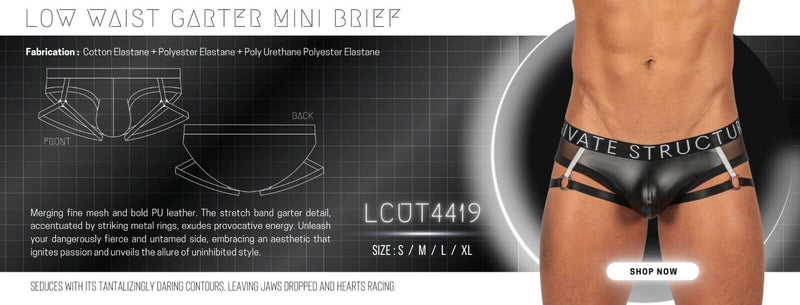 PRIVATE STRUCTURE Low Waist Mini Garter-Briefs PU Leather Shades Of Black  4419