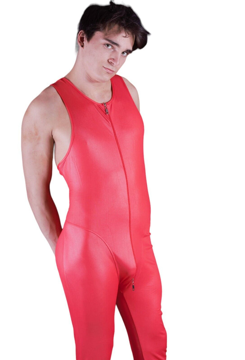 SMU Bodysuit One-Piece WetLook OFull Body With Front Zipper Singlet Red 232561