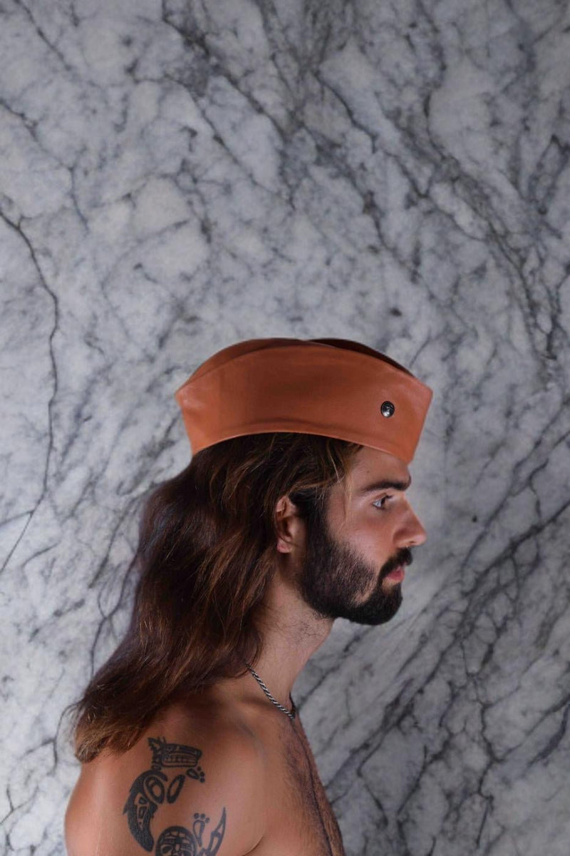 SMU Handmade Quality Leather Skin Garrison Hat Kepi in Tan Brown SMU14