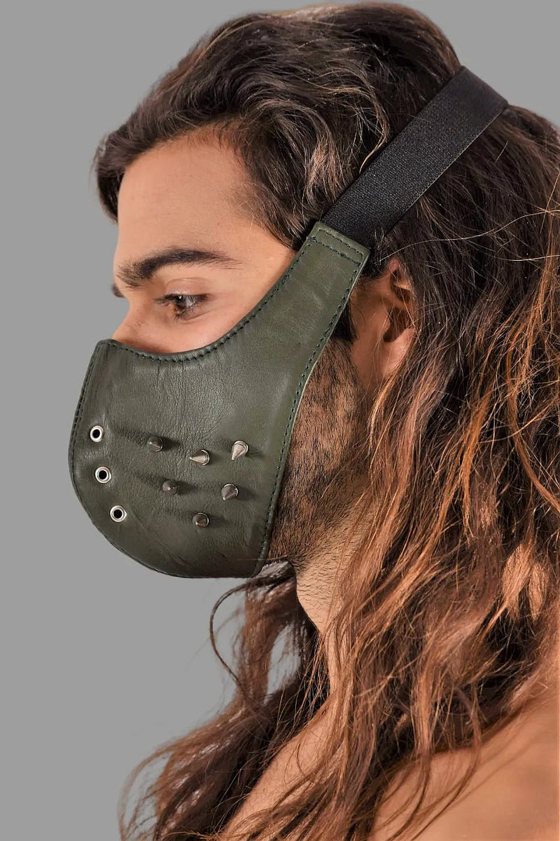 SMU Unisex Canadian Leather Studded Punk Mask in Army Green O/S 1051 38