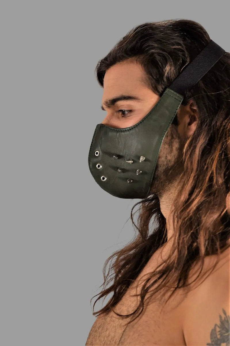 SMU Unisex Canadian Leather Studded Punk Mask in Army Green O/S 1051 37