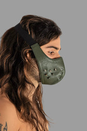 SMU Unisex Canadian Leather Studded Punk Mask in Army Green O/S 1051 36