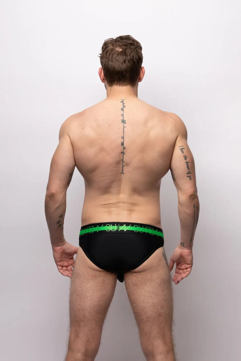 SUKREW Classic Stretch Briefs Unlined Large Contoured Pouch Black Neon Band