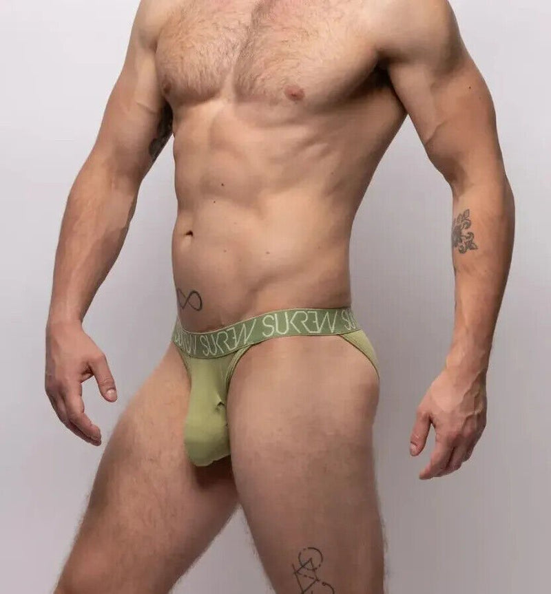 SUKREW Cotton Tanga Briefs Large Contoured Pouch Unlined Open Sides Khaki 12