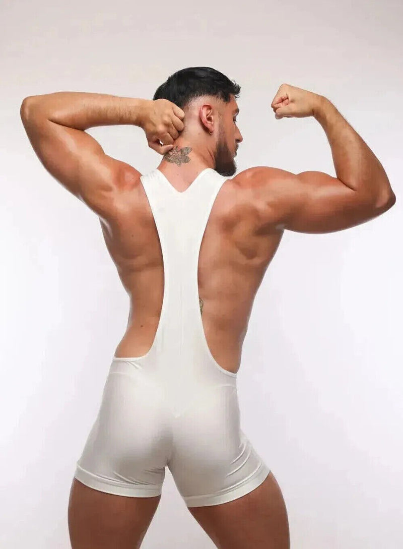 SUKREW V - Neck Singlet Bum Accentuating Bodysuit Low - Cut Side in Shimmer White 382