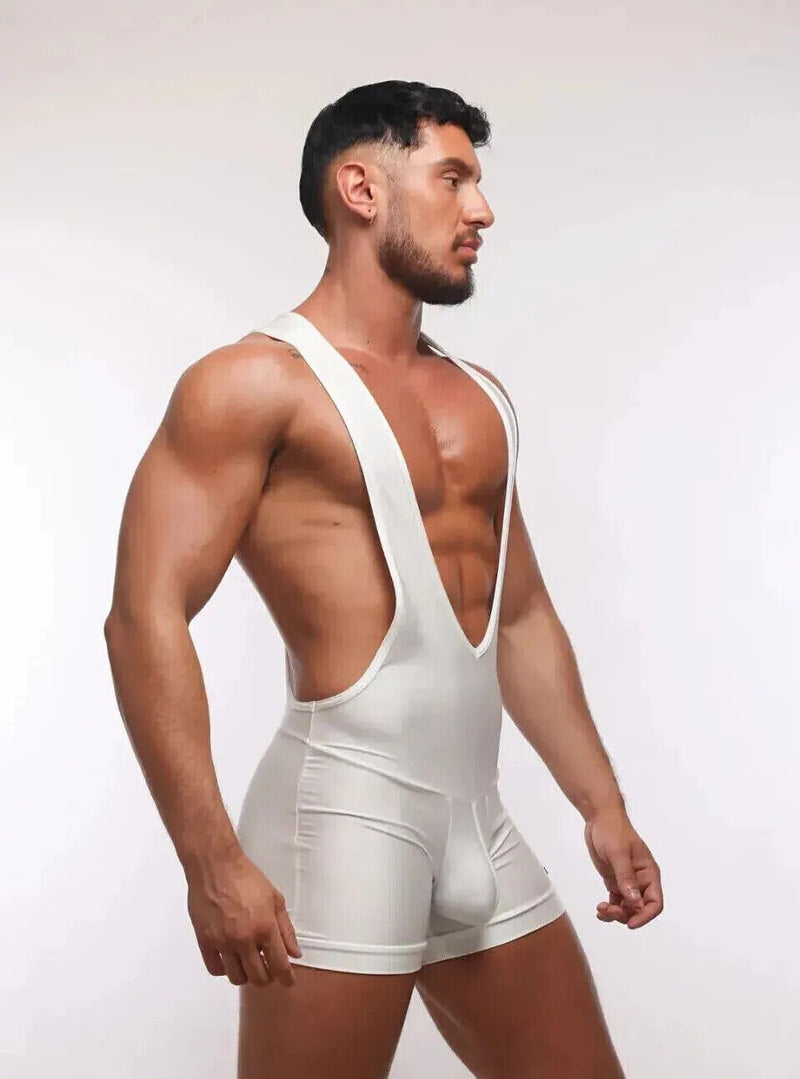 SUKREW V - Neck Singlet Bum Accentuating Bodysuit Low - Cut Side in Shimmer White 381
