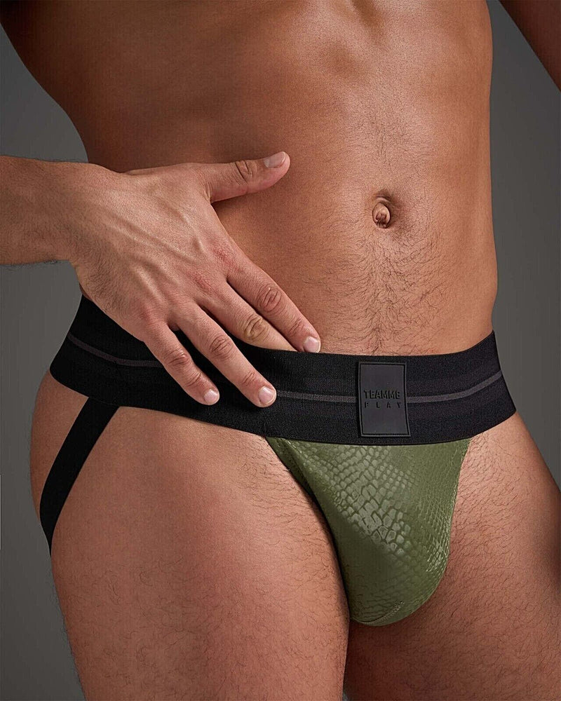 TEAMM8 Flex Jockstrap 100% PU Leather Low - Rise Jock Python Army Green 11
