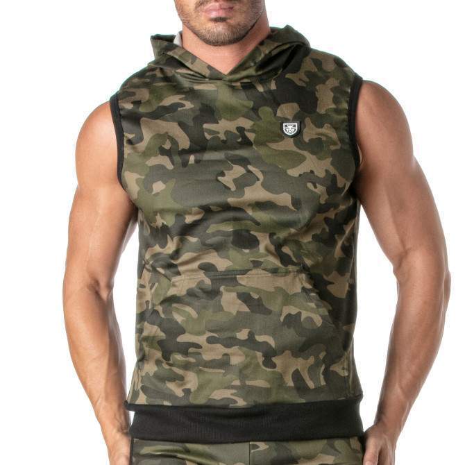 TOF PARIS Army Sleeveless Hoodie Large Open Pocket Rib Strips Camo Tank