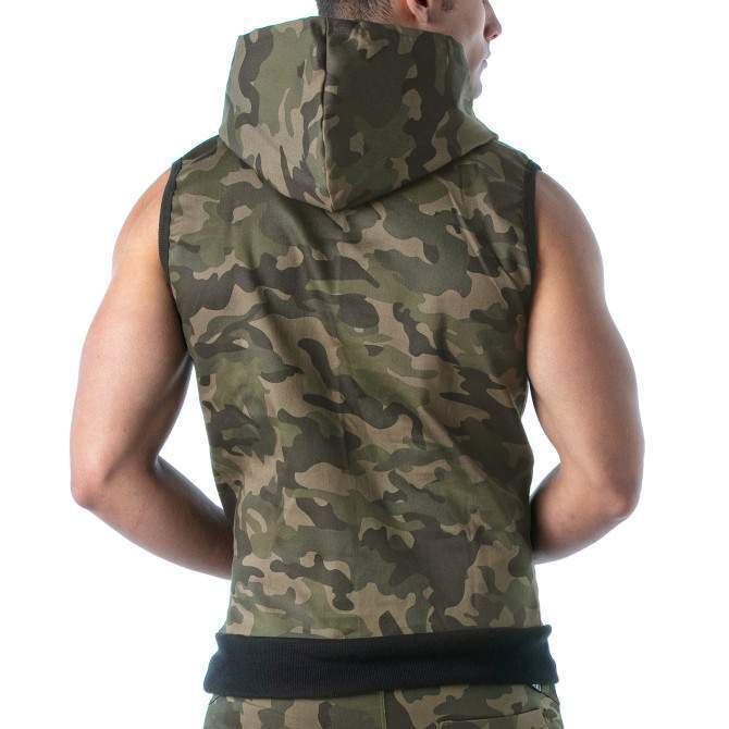 TOF PARIS Army Sleeveless Hoodie Large Open Pocket Rib Strips Camo Tank