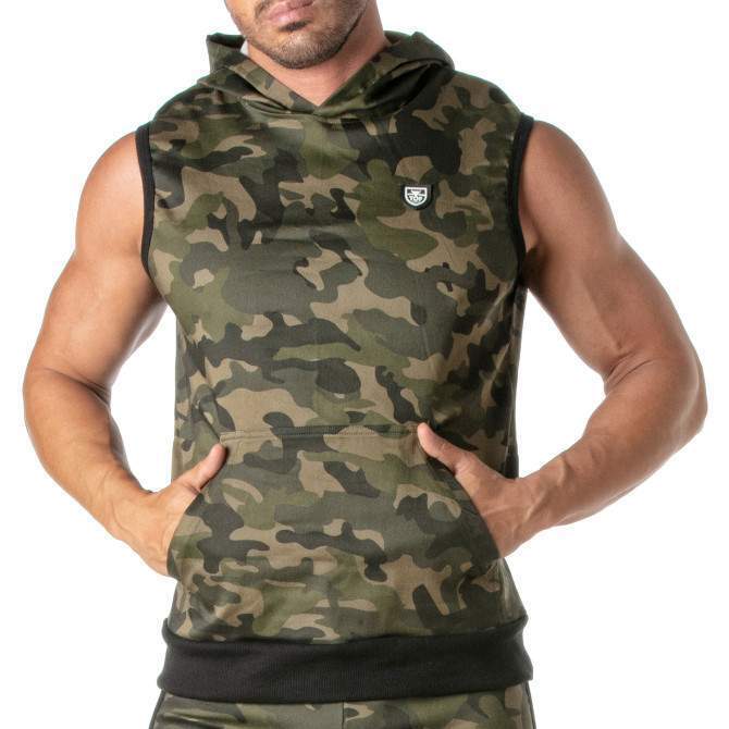 TOF PARIS Army Sleeveless Hoodie Large Open Pocket Rib Strips Camo Tank
