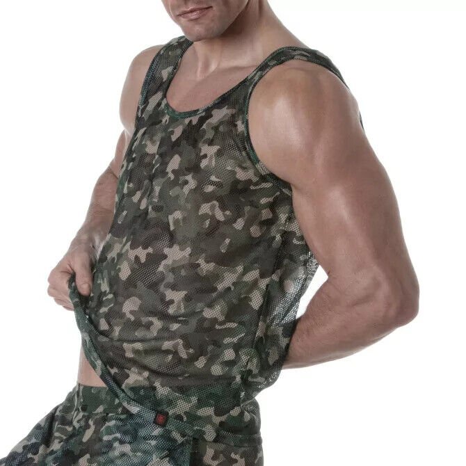 TOF PARIS Camo See Through Sheer Mesh Tank Top Khaki 172