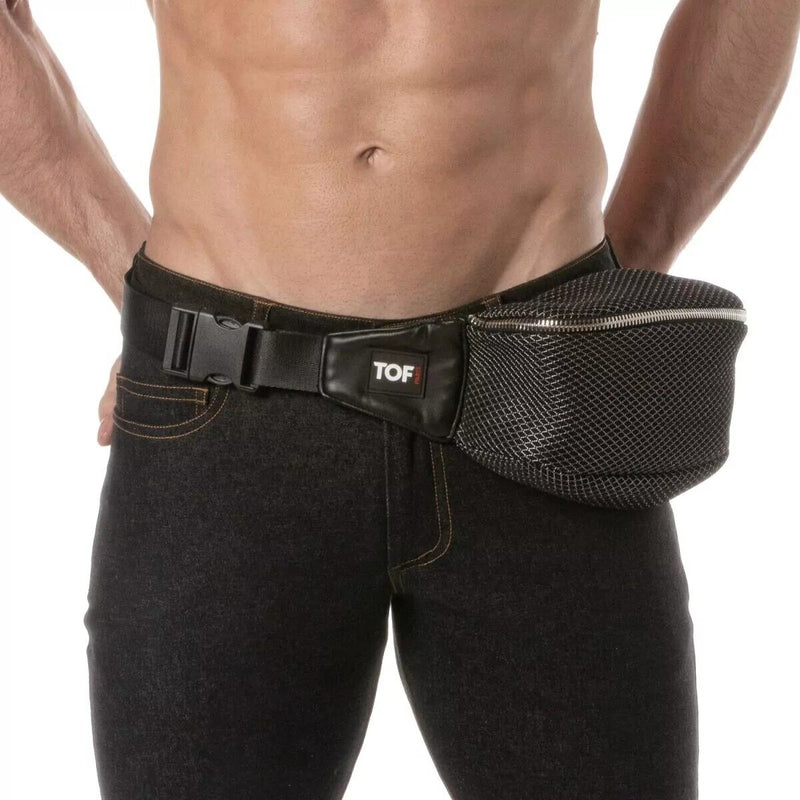 TOF PARIS Fanny Pack 3D Belt - Bag Banana Purse in Laminated Mesh Black/Grey 513