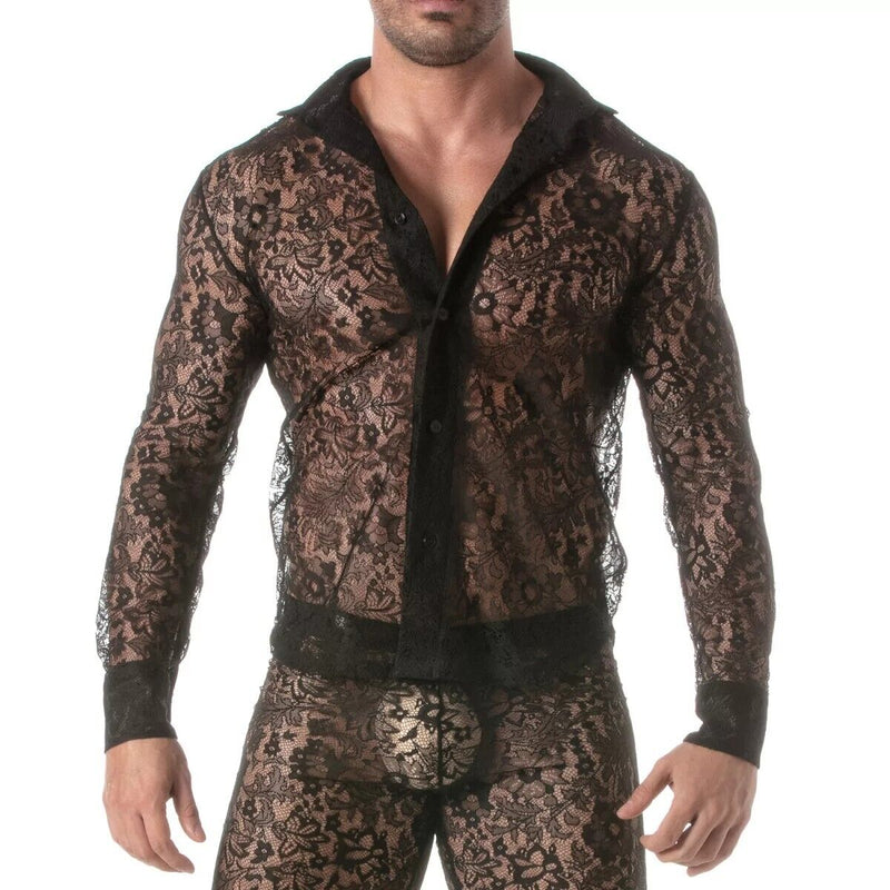 TOF PARIS Floral Lace Long Sleeves Shirt Satin Italian Collar Black 142