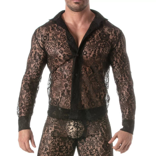 TOF PARIS Floral Lace Long Sleeves Shirt Satin Italian Collar Black 142