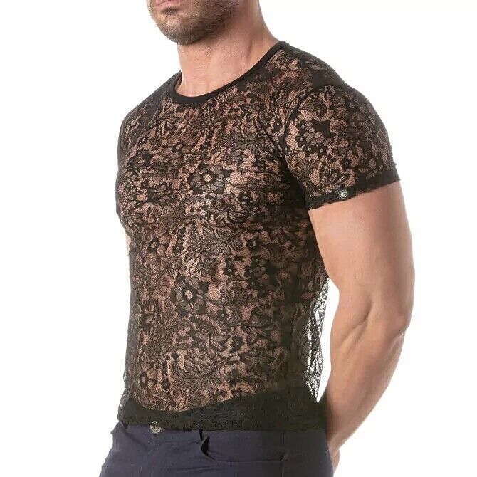 TOF PARIS Floral Lace T-Shirt Round Neck Semi - Sheer Black 142