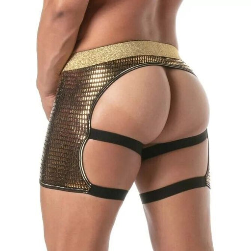 TOF PARIS Glitter Shorty Chaps Elastic Bands Open Front Laminated Gold 742