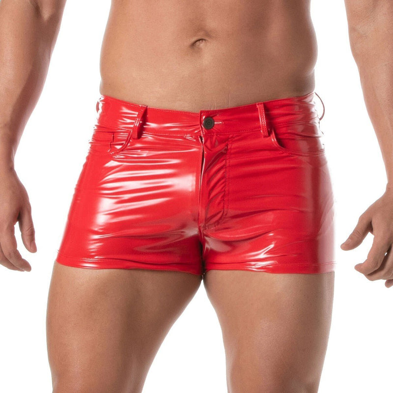 TOF PARIS Shiny Vinyl 5 Pockets Mid - Thigh Shorts in Bold Red 542