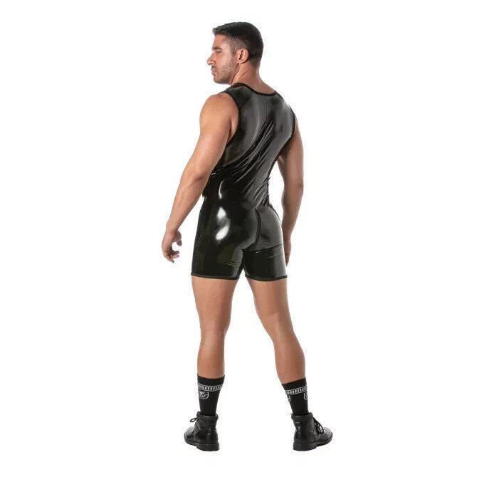 TOF PARIS Shiny Vinyl Full Zipped Bodysuit Elastic Bias Singlet Black 463