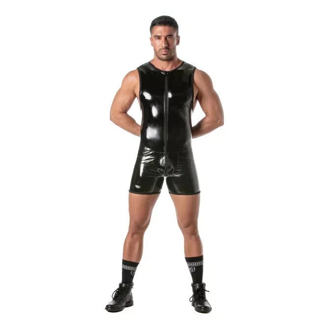 TOF PARIS Shiny Vinyl Full Zipped Bodysuit Elastic Bias Singlet Black 464