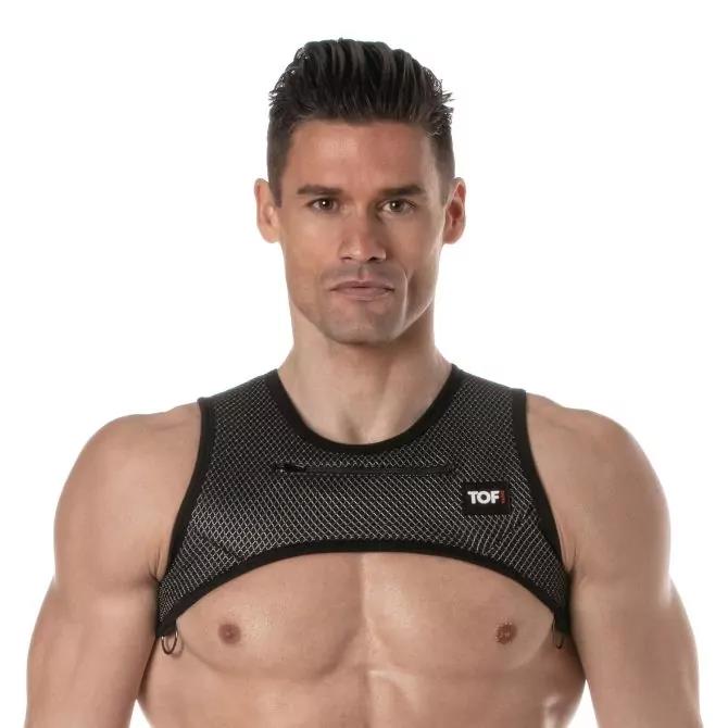 TOF PARIS Zipped Pocket Harness H - Shaped 3D Mesh Crop - Top in Black/Grey 514