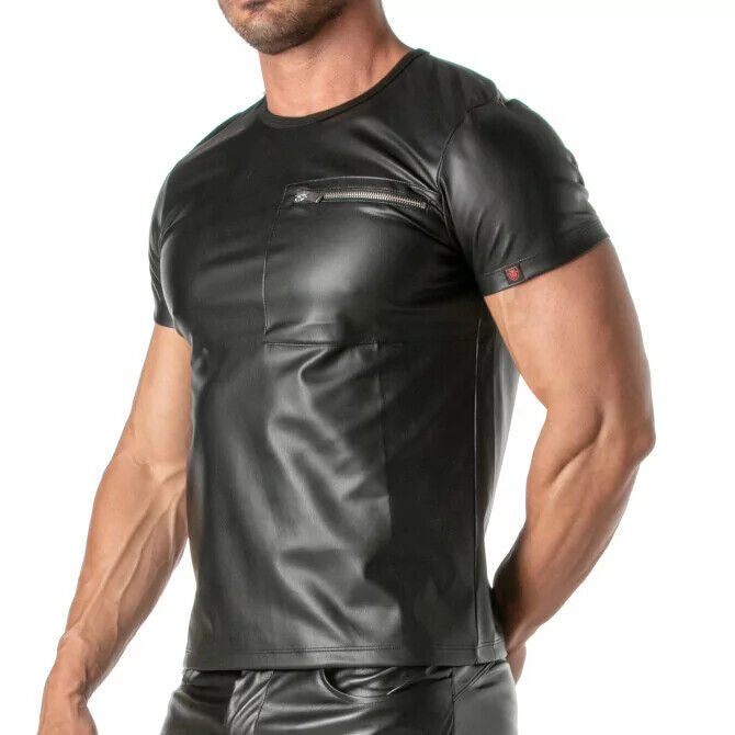 TOF PARIS Kinky Zippered Pockets T-Shirt High Quality Leather-Look Black Shirt 47B
