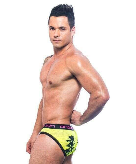 Andrew Christian Briefs California Palms Mesh Slips Brief Neon Yellow 90927 9 - SexyMenUnderwear.com