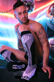 BreedWell AKIRA Knee-High Socks With Ribbed Chevron Stripe in Grey - SexyMenUnderwear.com