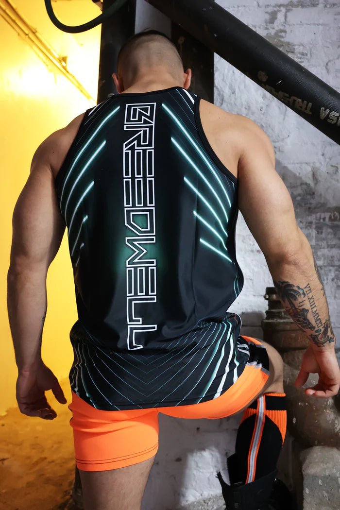 BREEDWELL AKIRA Tank Top Athletic Stretch PVC Patch 3M Reflective Orange Neon - SexyMenUnderwear.com
