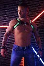 BREEDWELL BRUT Harness Classic Bulldog Style Soft Jacquard Stripe Neon Green - SexyMenUnderwear.com