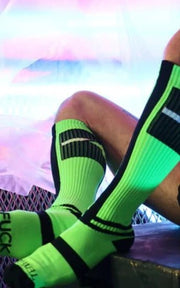 BREEDWELL Infinity Socks Ultra Luxurious Knee-High Sock Logo Stripes Neon Green - SexyMenUnderwear.com