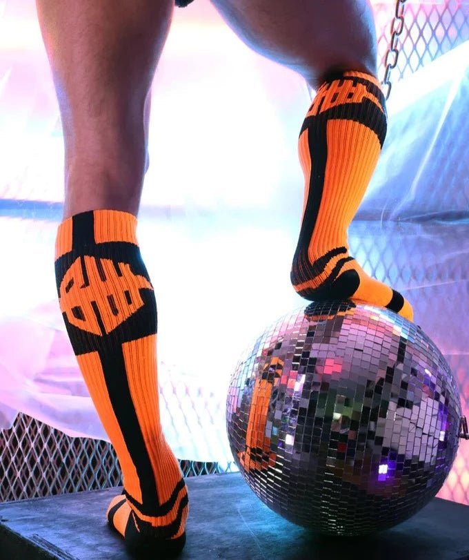 BREEDWELL Infinity Socks Ultra Luxurious Knee-High Sock Logo Stripes Orange Neon - SexyMenUnderwear.com