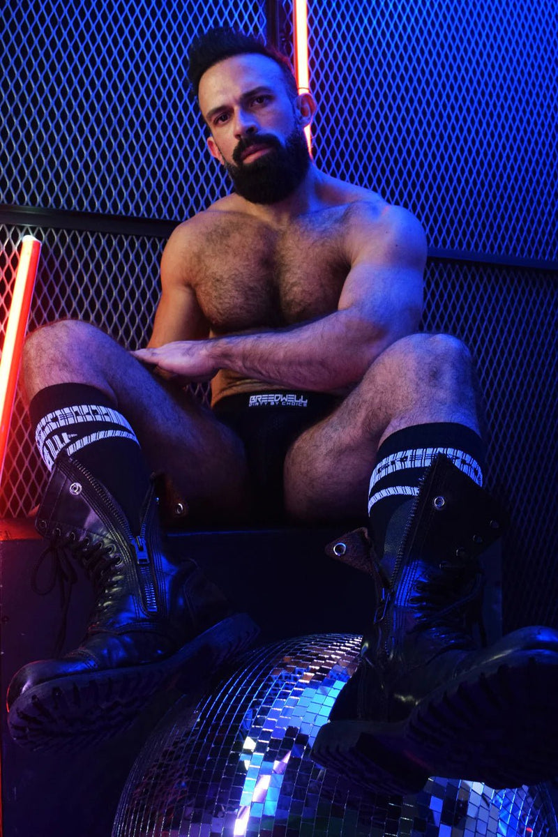 BREEDWELL Knee Socks HYBRED Bold Logo Lined Angled Black Sock - SexyMenUnderwear.com