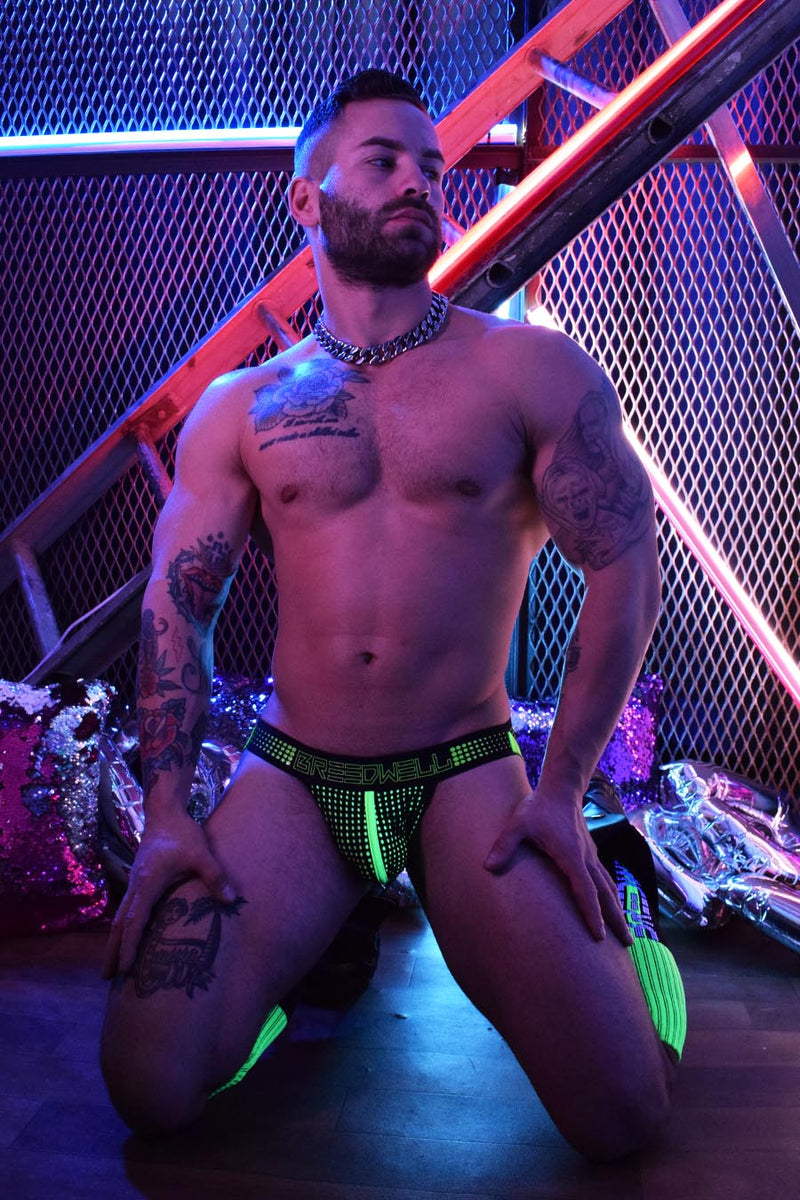BREEDWELL "MANHOLE" Jockstrap Skinny Waistband Laser Cut Pouch Neon Green 18 - SexyMenUnderwear.com
