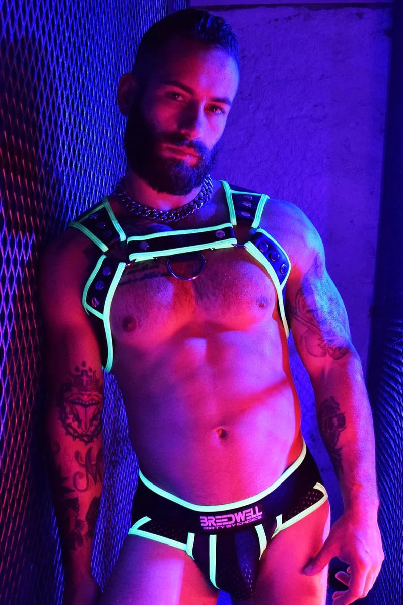 BREEDWELL NEOGEAR SNAPS HARNESS FORM FITTING NEOPRENE NEON GREEN - SexyMenUnderwear.com