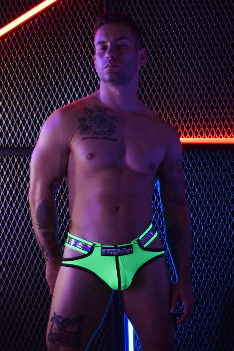 BREEDWELL SIDE-CUT BRIEFS REFLECTOR WITH TWO D-RINGS NEON GREEN 29 - SexyMenUnderwear.com