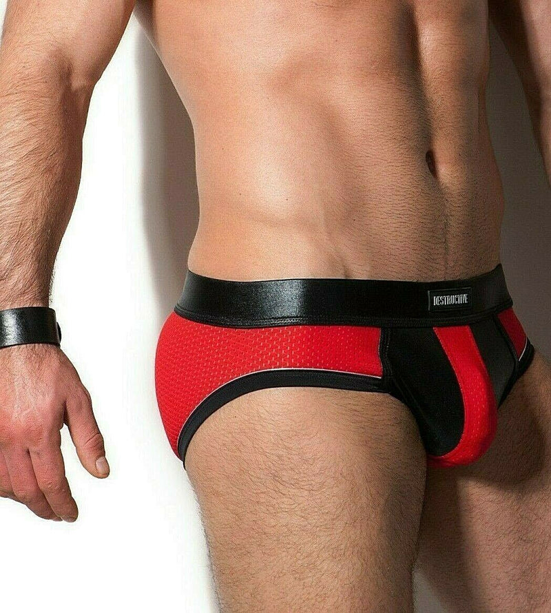 Destructive Fetish Brief Ergonomic Leather Pouch Extremely Breathable Red Mesh 8 - SexyMenUnderwear.com