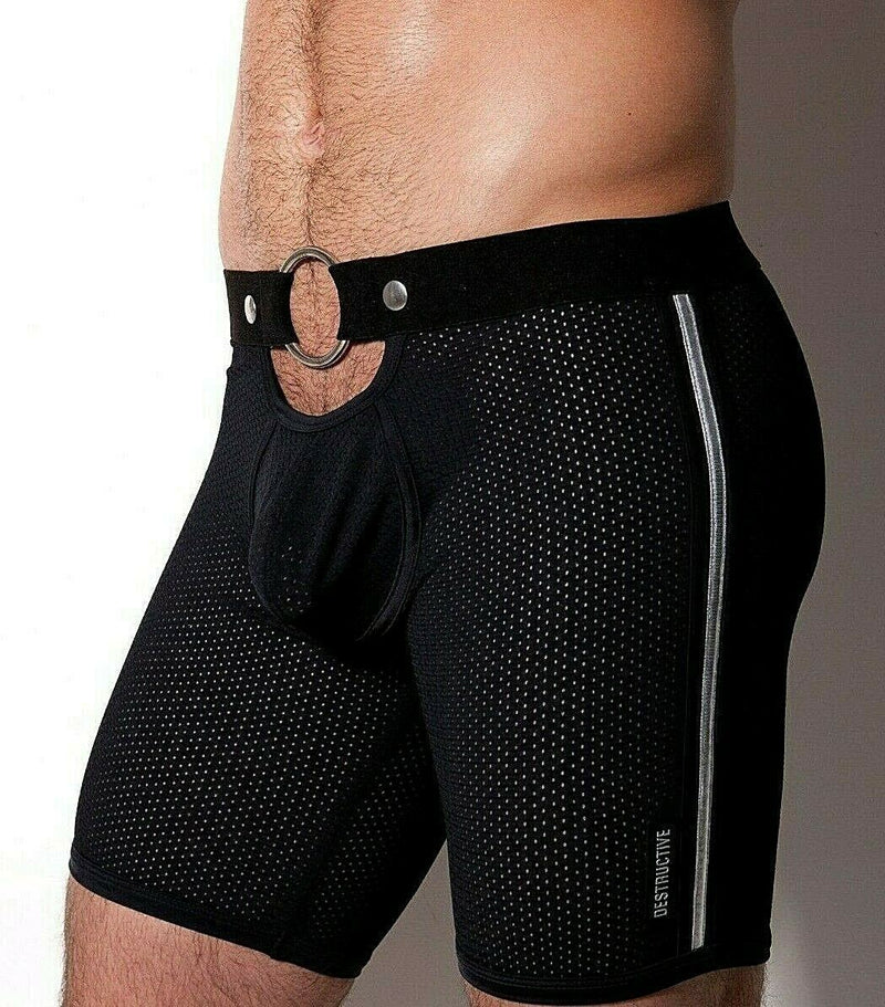 Destructive Fetish Mesh Boxer Short Breathable Metal Ring Black & Silver 4 - SexyMenUnderwear.com