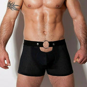 Destructive Fetish Short Boxer Mesh Metal Waist Ring Silver Side Lines Black 7 - SexyMenUnderwear.com