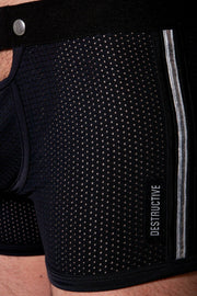 Destructive Fetish Short Boxer Mesh Metal Waist Ring Silver Side Lines Black 7 - SexyMenUnderwear.com